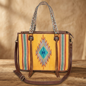 Women's Vintage Bohemian Handwoven Saddle Blanket Genuine Leather Western Crossbody Tote Handbag Cotton <b>Fringe</b> Tassels Geometric - Product Image 3