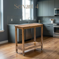 Table console moderne en bois massif avec base sur pieds et étagère inférieure sur roulettes pour le mobilier de salon