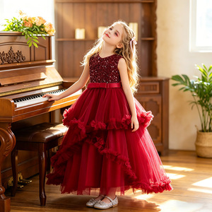 Christmas Princess Dress For Girls Sleeveless <b>Sequined</b> Tutu Layered Wine <b>Red</b> Party Gown - Product Image 1