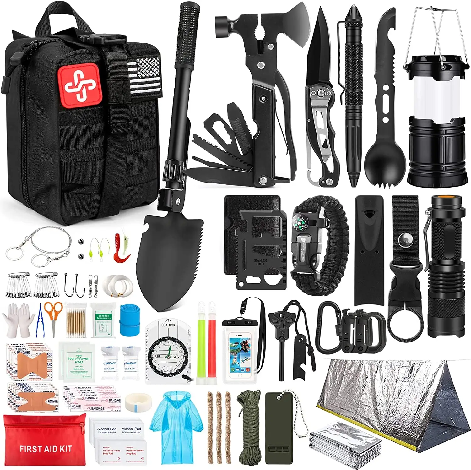 Survival Kit,Survival Gear First Aid Kit with Molle System Compatible Bag and Emergency Tent, Outdoor Adventure, Camping