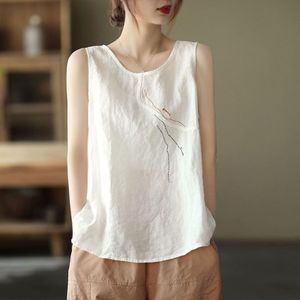 Retro Embroidered Cotton <b>Linen</b> Camisole Sleeveless <b>Top</b> Women <b>Plus</b> <b>Size</b> Loose Casual Summer Wear Pink White Black Beige Yellow - Product Image 2