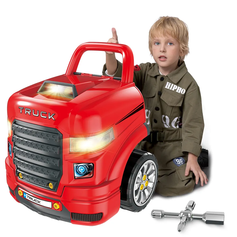 Jongens Doen Alsof Spel Assemblage Vrachtwagen Auto Reparatie Workshop Met Afstandsbediening Sleutel, Licht En Geluid