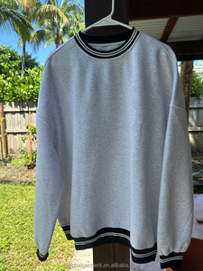 Sweat-shirt à col rond pour femme, doublé polaire, gris chiné, avec bordure rayée bleu marine et blanc, en mélange de coton, coupe oversize, décontracté - Product Image 6