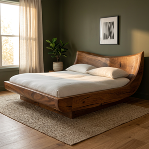 Modern Solid Wood Teak Platform <b>Bed</b> <b>Frame</b> with Curved Headboard Custom Specialty <b>Sizes</b> Indonesia Manufacturer - Product Image 3