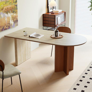Apartamento pequeño francés <span class=keywords><strong>Mesa</strong></span> de isla <span class=keywords><strong>semicircular</strong></span> Estilo medieval Travertino doméstico <span class=keywords><strong>Mesa</strong></span> de comedor de madera maciza SC627 - Product Image 1