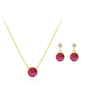 Ensemble <span class=keywords><strong>collier</strong></span> et boucles <span class=keywords><strong>d</strong></span>'oreilles en <span class=keywords><strong>argent</strong></span> sterling 925 avec pendentif rond en zircon rubis |   Ensemble de bijoux 2 pièces pour femme pour fiançailles et mariage - Product Image 1