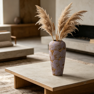 Vase de sol haut en argile brute minimaliste, motif brossé bordeaux taupe dessiné à la main, pour décoration de hall d'hôtel - Product Image 4