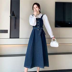 เดรสยีนส์ทรงเอ็มไพร์สีพื้นสไตล์วินเทจ คอเฉียง แขนกุด ความยาวปานกลาง สำหรับผู้หญิง รับผลิตตามแบบ (OEM) - Product Image 5