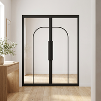 Porte battante double en verre trempé noir mat de style français avec cadre en acier pour maison et bureau