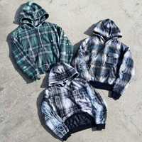 Blouson à capuche personnalisé en flanelle thermique à carreaux et tricot gaufré, brodé, double couche, délavé, zippé, effet usé, pour hommes
