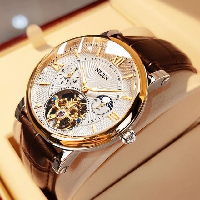 NESUN Automatic Mechanical Watch, Luminescent, Fashionable, Waterproof, Skeletonized Flywheel, Leather Strap, Men's Wristwatch