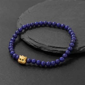 Pulsera de Piedras Naturales Curativas para Mujer, Brazalete Elástico con Cuentas de Amatista y Lapislázuli con Dije de Gato Dorado, Joyería de la Suerte - Product Image 3