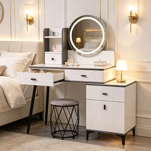 Modern Makeup <b>Vanity</b> With Lighted Mirror Storage Drawers Bedroom Dressing <b>Table</b> With Stool - Product Image 3