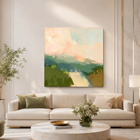 Peinture à l'huile abstraite peinte au couteau, paysage marin, bord corail, vert sauge, toile texturée, art minimaliste, décoration murale