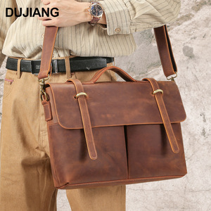 Dujiang Crazy Horse <b>Leather</b> <b>Briefcase</b> Genuine <b>Leather</b> Men's Messenger Bag Large Business Travel Shoulder Bag - Product Image 2