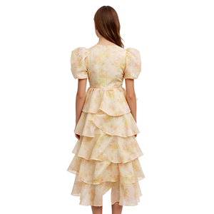 Vestido Familiar a Juego con Mangas Abullonadas Florales y Volantes Escalonados, Diseño Personalizado OEM de A&J Elite, Fabricante Mayorista de Organza Color Marfil - Product Image 2