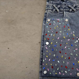 Baggy Jorts personnalisés lourds de haute qualité à impression DTG, shorts amovibles et réversibles pour les genoux, jorts <span class=keywords><strong>en</strong></span> denim à double taille et strass - Product Image 3