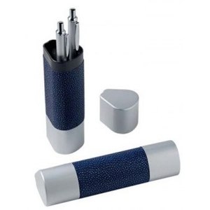 Portapenne a sfera triangolare con 2 fori, corpo in metallo, finitura in pelle blu, design compatto - Product Image 1