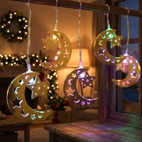 Guirnalda de Luces LED con Forma de Luna y Estrella, Faroles Colgantes de Hierro, Funciona con Batería, Decoración Dorada para Ramadán, Ventana del Hogar, Dormitorio