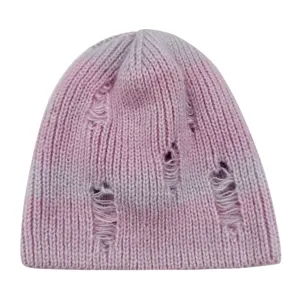 Fashion Designer Female Graduated Pink Color Winter Warm Knitted Hat Distressed Beanie