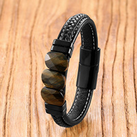 Bracelet en cuir tressé pour homme avec pierre de jaspe rouge naturelle facettée et fermoir magnétique en acier inoxydable – Vente en gros