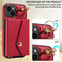 Étui de téléphone portable à bandoulière en forme d'accordéon pour iPhone 14, portefeuille 7 cartes, blocage RFID, support anneau antichoc, protection 360°