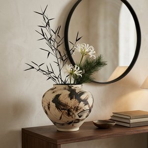 Vase rond en poterie brute de style <span class=keywords><strong>peinture</strong></span> à l'encre orientale, brossé à la main, beige et noir, en céramique, pour la décoration zen de la maison - Product Image 3
