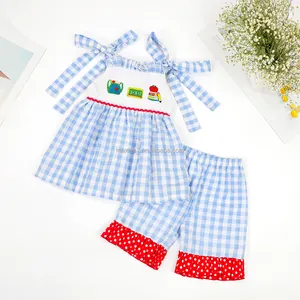 2024 Wholesale back to school kids clothing book french knot girl outfits boutique seersucker summer girl sets