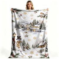 Couverture en microfibre polaire douce et confortable, motif village de bonhommes de neige et couronne de Noël, pour les fêtes, impression personnalisée, vente en gros, OEM, ODM