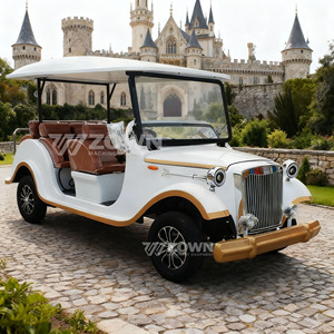 Voiture électrique de tourisme vintage blanche 8 places avec sièges marron et garnitures dorées pour utilisation en parc - Product Image 1
