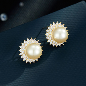 Faux Pearl Stud Earrings With Micro Insert Zircon Flower Shape 925 Silver <b>Post</b> Party Jewelry - Product Image 1