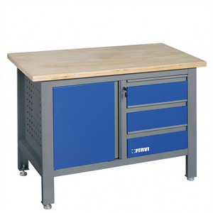 ชุดประกอบโต๊ะทำงานเฟอร์วี ขนาด 120x60 ซม. พร้อมท็อปไม้และลิ้นชักเก็บของสีน้ำเงิน สำหรับใช้ในโรงงาน - Product Image 1
