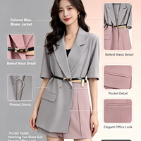 Ensemble tailleur short et blazer rose poudré pour femme 2026, avec ceinture, coupe ajustée, style urbain, 100 % coton, écologique