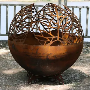 Kustom bola logam dunia Firepit taman dekorasi kayu membakar api bola berkemah Corten baja bola api Pit