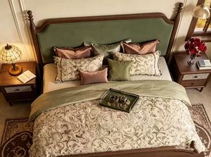 Premium Queen Size Dark Wood Spindle <b>Bed</b> With Green Velvet Arched Upholstered Headboard For Bedroom - Product Image 5