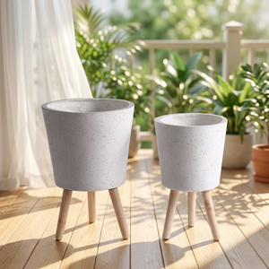 Pot de fleurs minimaliste en béton avec pieds en bois, jardinière pour plantes d'intérieur, décoration pour la maison - Product Image 3