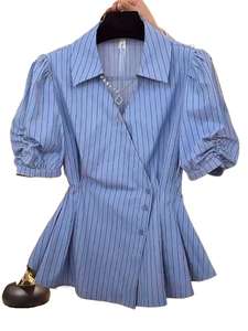 Design Sense Blouse d'été décontractée vintage pour jeunes femmes, coupe ample amincissante, col en V, manches bouffantes rayées, grande taille - Product Image 5