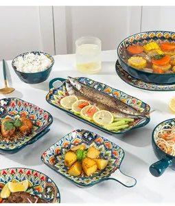 Piring ikan Bohemian, dengan dua telinga rumah piring Vintage keramik alat makan kreatif Jepang piring makan malam set peralatan makan