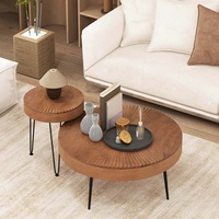 Ensemble de 2 tables basses rondes de style farmhouse, finition naturelle, pour salon, table basse en panneau de bois, appartement moderne