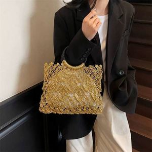Fashionable Gold Silver <b>Square</b> Woven Bag New Hollow Tote Bag for Seaside Holidays Casual Beach Bag - Product Image 3