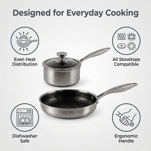 Poêle, <span class=keywords><strong>casserole</strong></span> et faitout 3 plis en acier inoxydable alvéolé antiadhésif classique écologique compatible <span class=keywords><strong>induction</strong></span> avec couvercle en verre - Product Image 3