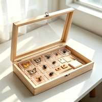 Boîte de rangement en bois de pin naturel avec couvercle à clapet en verre, boîte de rangement de bureau pour artisanat, bijoux, papeterie, collection