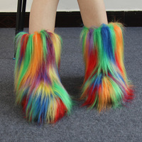 Bottes mi-mollet en fausse fourrure pour femme, imprimé fourrure ou tie-dye arc-en-ciel, style mode, couleurs contrastées, fourrées, pour un look décontracté quotidien, commande en gros
