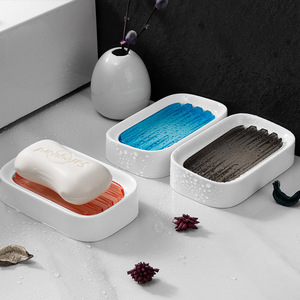 Double Layer Ceramic Soap Dish Rectangular Drainable Bathroom Shower Storage Rack Black Blue Pink - Product Image 1