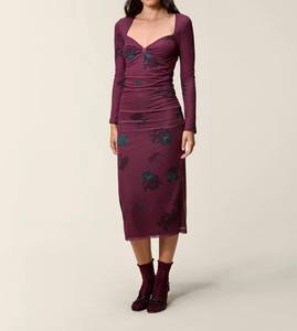 Vestido Midi de Mujer Personalizado ODM/OEM, Color Borgoña, con Estampado Floral de Malla, Manga Larga, Estilo Vintage, Escote Corazón, Fruncido, Ajustado, para Fiesta - Product Image 1
