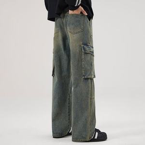 Jeans cargo pour homme sur mesure, lavage clair, jambe large et droite, pantalon baggy, grande poche, style streetwear, denim pour homme - Product Image 5