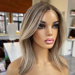 Graceful Lady Wig White And Gray Ash Blonde Big Wave Short Bob Raw Cuticle Aligned Human Hair HD Lace Front Wigs