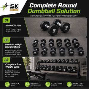 Haltères <span class=keywords><strong>de</strong></span> fitness SK à tête ronde recouvertes <span class=keywords><strong>de</strong></span> caoutchouc, poids <span class=keywords><strong>de</strong></span> gym 2,5-50 kg, logo couleur personnalisé, poignée chromée, vente en gros pour salles <span class=keywords><strong>de</strong></span> sport commerciales - Product Image 3