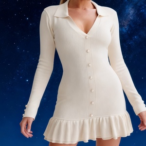 ชุดเดรสแขนยาวผ้าถักระบายสองชั้นคอปกกระดุมมุกสำหรับผู้หญิงแฟชั่น - Product Image 4