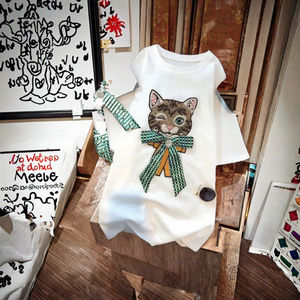 Camiseta de Verano Casual de Manga Corta para Mujer, Estilo Holgado, con Lazo de Gato con Cuentas y Diamantes, Geométrica, de Chifón, Lisa - Product Image 3